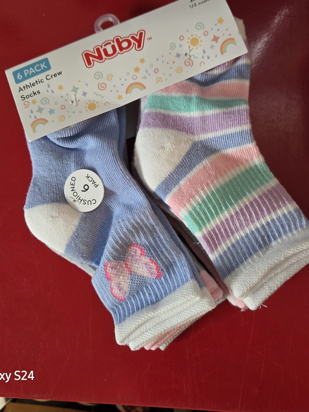Nuby Girls' Pastel Stripe & Butterfly Crew Socks - Pink, Purple, Green